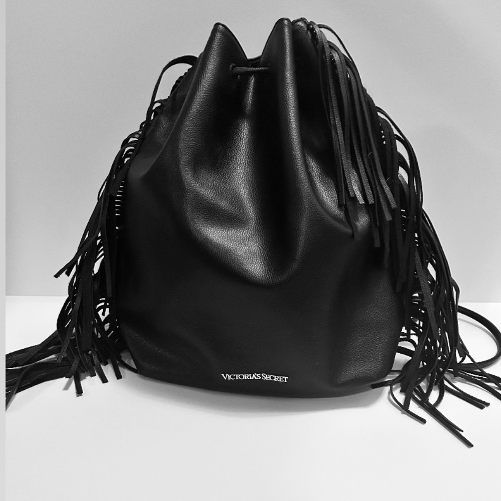 Victoria Secret Black Faux Leather Tassle Backpack